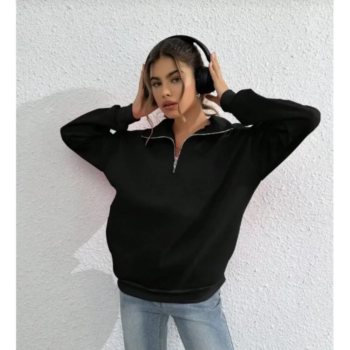 Arnay Unisex Uzun Kol Yarım Farmuarlı Yakalı Basic Sweatshirt - Siyah