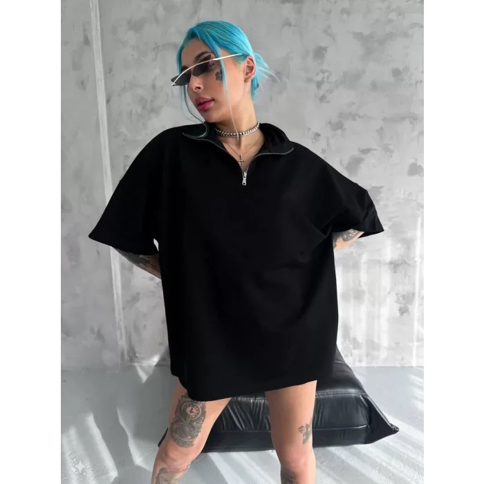 Arnay Unisex Yarım Fermuarlı Basic T-shirt - Siyah