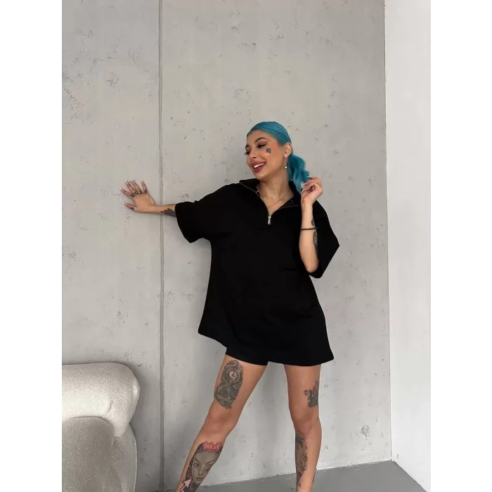 Arnay Unisex Yarım Fermuarlı Basic T-shirt - Siyah