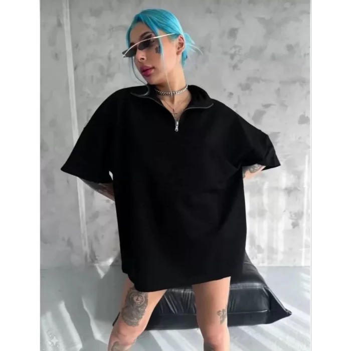 Arnay Unisex Yarım Fermuarlı Düz Oversize T-shirt - Siyah