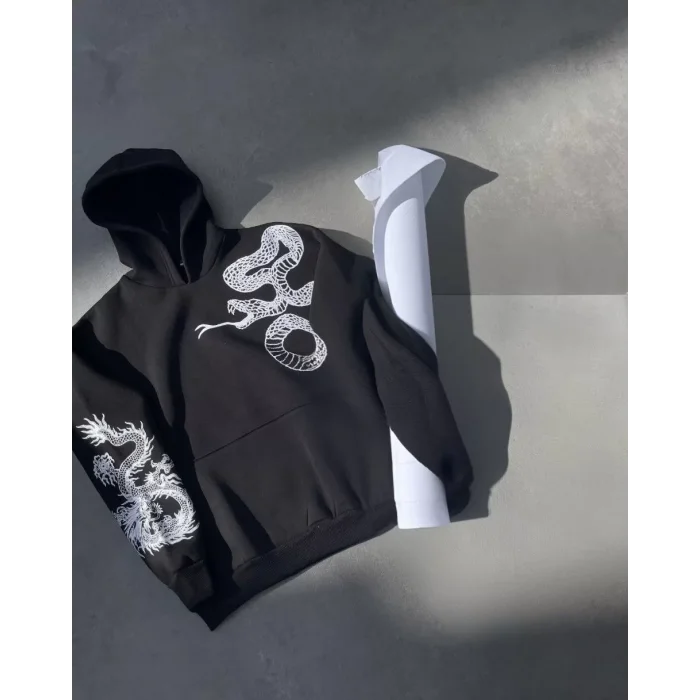 Arnay Uzun Kol Kapüşonlu Baskılı Sweatshirt - Siyah