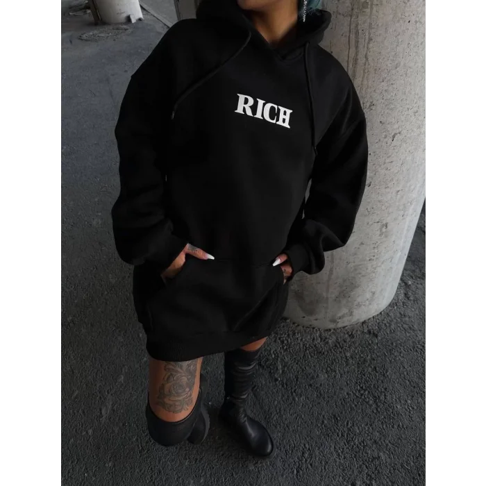 Arnay Uzun Kol Kapüşonlu Göğüs Baskılı Sweatshirt - Siyah