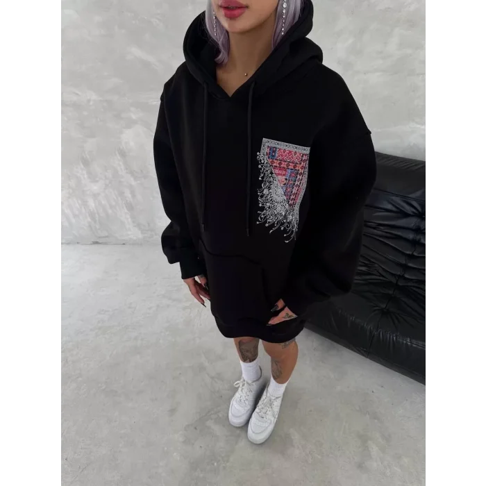 Arnay Uzun Kol Kapüşonlu Ön Ve Arka Baskılı Sweatshirt - Siyah