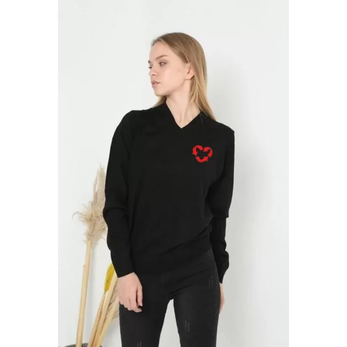 Arnay Uzun Kol V Yaka Baskılı Dokuma Triko - Siyah