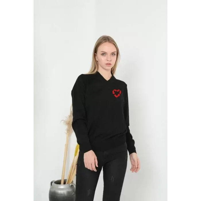 Arnay Uzun Kol V Yaka Baskılı Dokuma Triko - Siyah