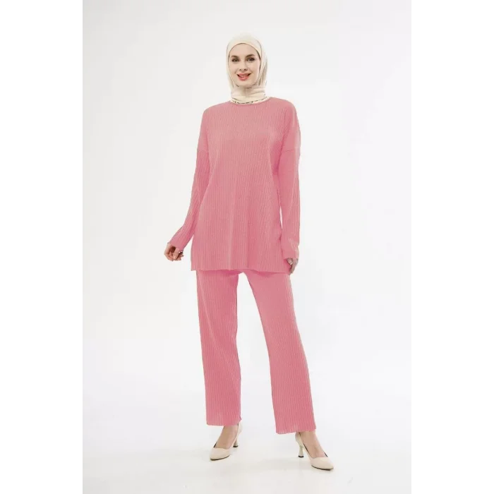 Arnay Uzun Kollu Organik Yıkanmış Kumaş Fitilli Pantolonlu Takım - Gül Kurusu