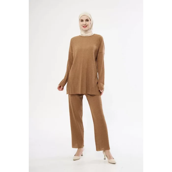 Arnay Uzun Kollu Organik Yıkanmış Kumaş Fitilli Pantolonlu Takım - Kahve