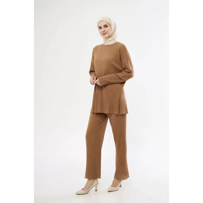 Arnay Uzun Kollu Organik Yıkanmış Kumaş Fitilli Pantolonlu Takım - Kahve