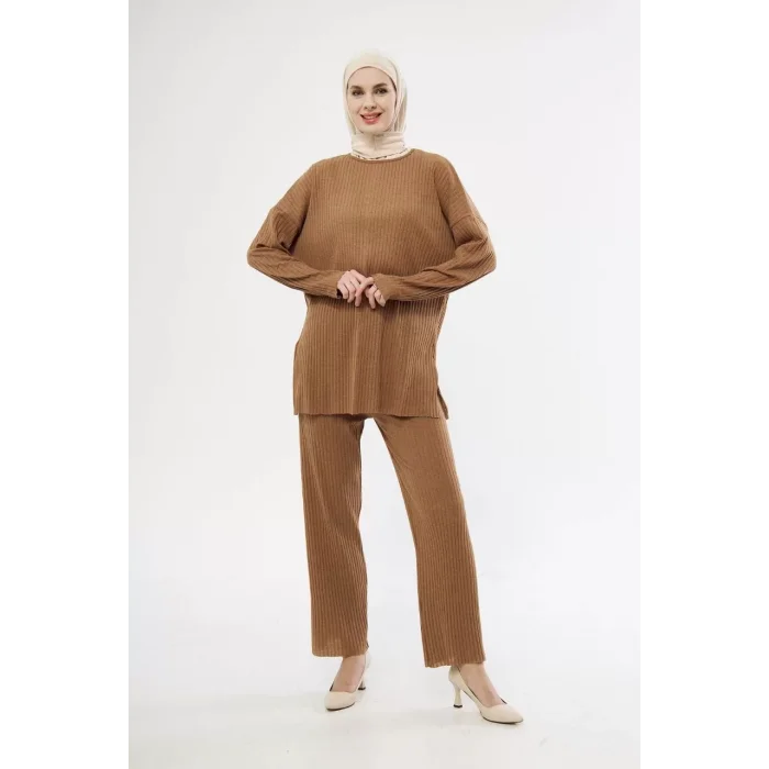 Arnay Uzun Kollu Organik Yıkanmış Kumaş Fitilli Pantolonlu Takım - Kahve