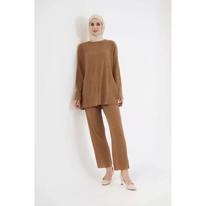 Arnay Uzun Kollu Organik Yıkanmış Kumaş Fitilli Pantolonlu Takım - Kahve