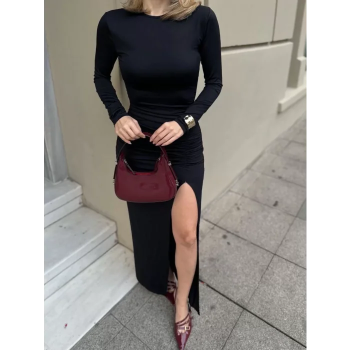 Arnay Uzun Kollu Yırtmaçlı Drapeli Uzun Elbise - Siyah