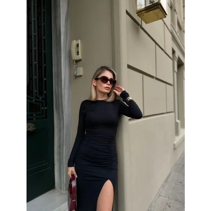 Arnay Uzun Kollu Yırtmaçlı Drapeli Uzun Elbise - Siyah