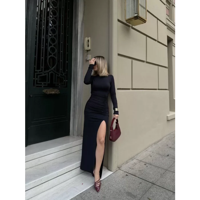 Arnay Uzun Kollu Yırtmaçlı Drapeli Uzun Elbise - Siyah