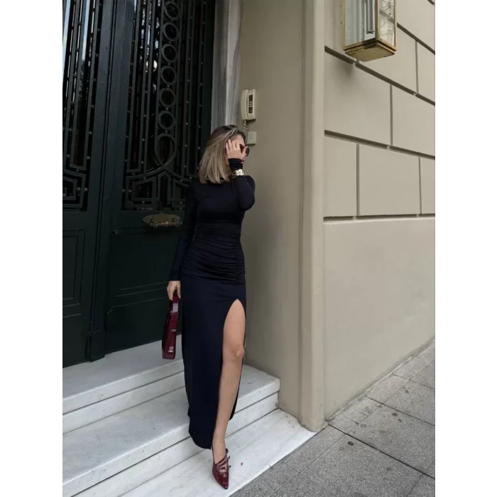 Arnay Uzun Kollu Yırtmaçlı Drapeli Uzun Elbise - Siyah