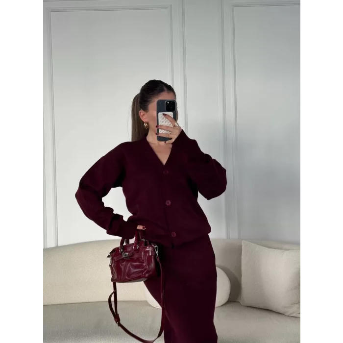 Arnay V Yaka 3 Düğmeli Hırka Takım Triko İkili Etekli - Bordo