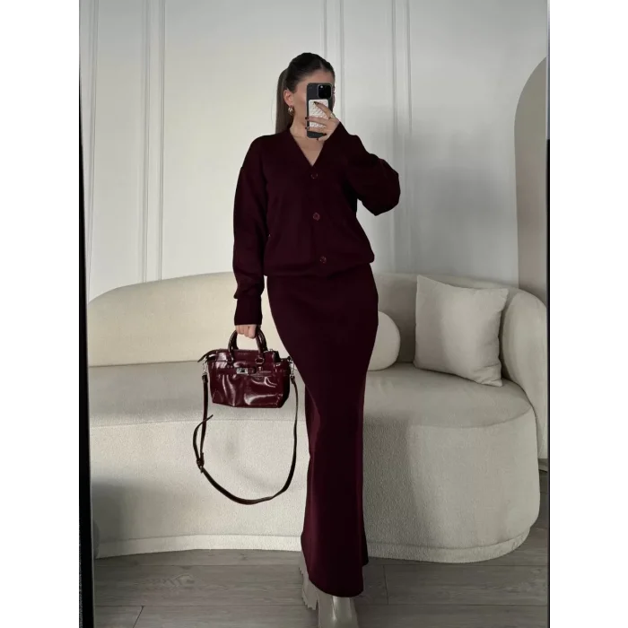 Arnay V Yaka 3 Düğmeli Hırka Takım Triko İkili Etekli - Bordo