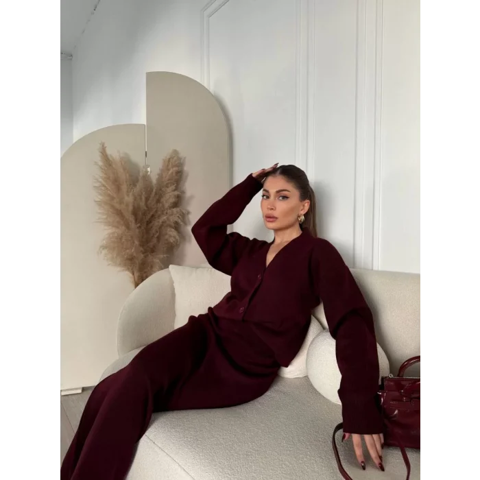 Arnay V Yaka 3 Düğmeli Hırka Takım Triko İkili Etekli - Bordo