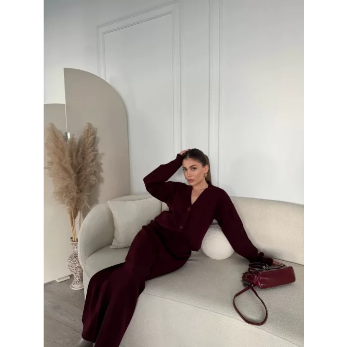 Arnay V Yaka 3 Düğmeli Hırka Takım Triko İkili Etekli - Bordo