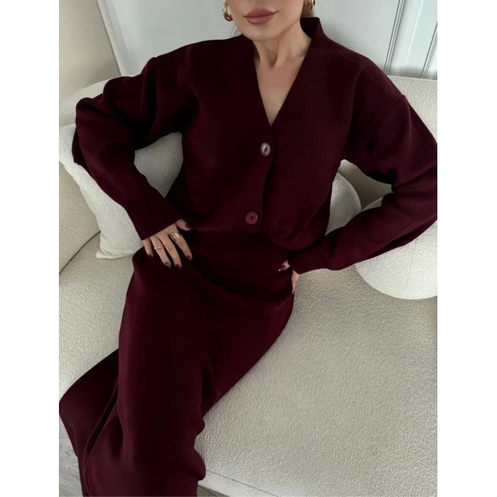 Arnay V Yaka 3 Düğmeli Hırka Takım Triko İkili Etekli - Bordo