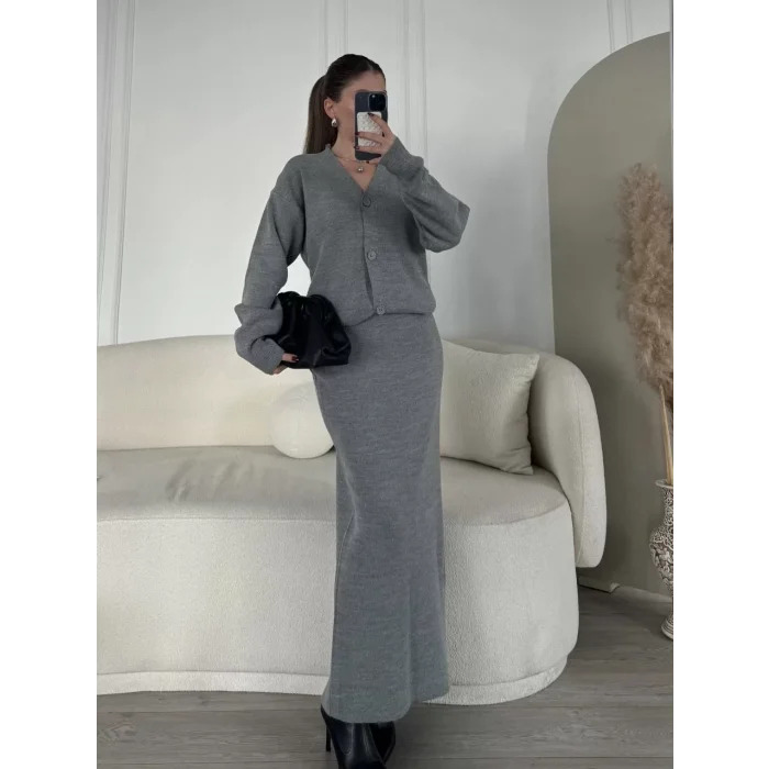 Arnay V Yaka 3 Düğmeli Hırka Takım Triko İkili Etekli - Gri