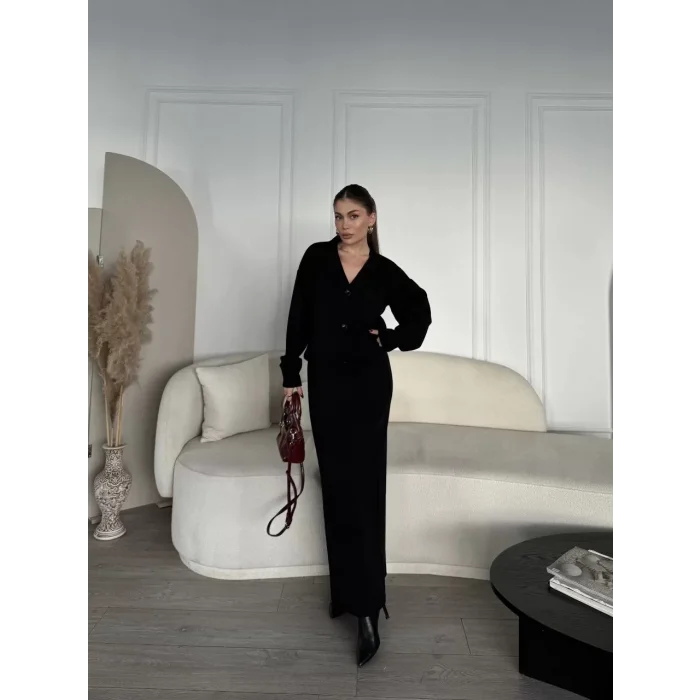 Arnay V Yaka 3 Düğmeli Hırka Takım Triko İkili Etekli - Siyah