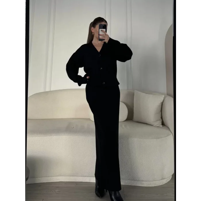 Arnay V Yaka 3 Düğmeli Hırka Takım Triko İkili Etekli - Siyah