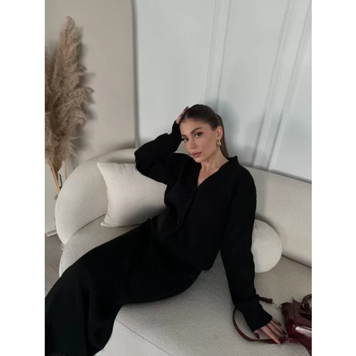Arnay V Yaka 3 Düğmeli Hırka Takım Triko İkili Etekli - Siyah