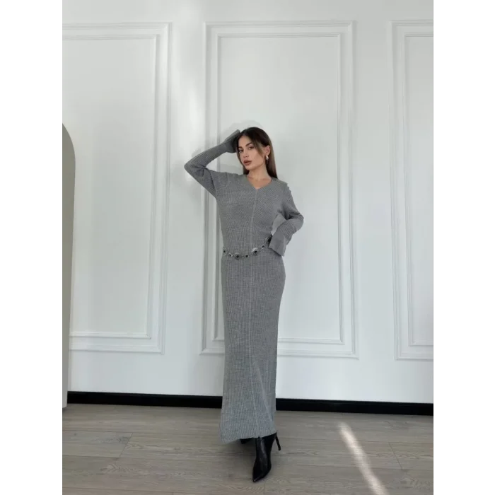 Arnay V Yaka Fitilli Uzun Elbise- Gri