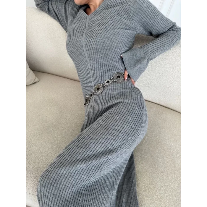 Arnay V Yaka Fitilli Uzun Elbise- Gri