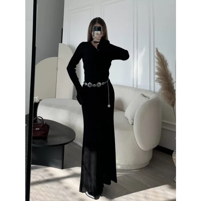 Arnay V Yaka Fitilli Uzun Elbise- Siyah