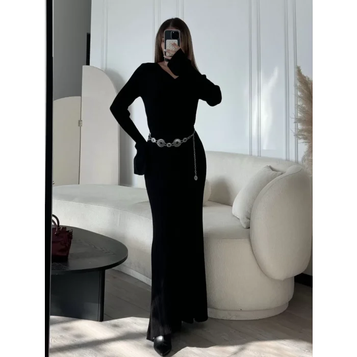 Arnay V Yaka Fitilli Uzun Elbise- Siyah