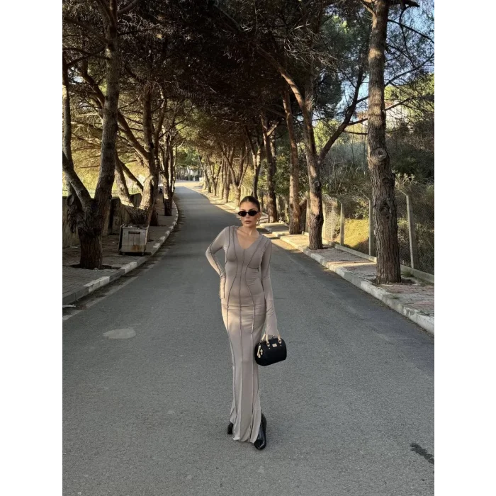 Arnay V Yaka Karoyaka Dikişli Yırtmaçlı Uzun Elbise - Taş