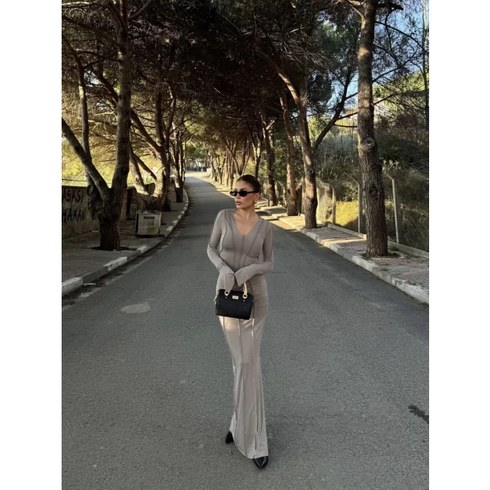 Arnay V Yaka Karoyaka Dikişli Yırtmaçlı Uzun Elbise - Taş