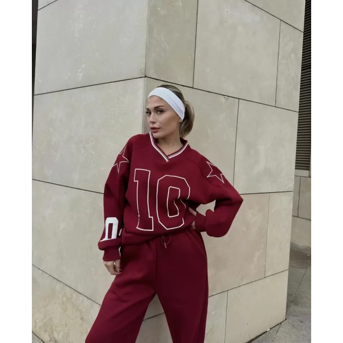 Arnay V Yaka Üç İplik Sweat Takım - Bordo