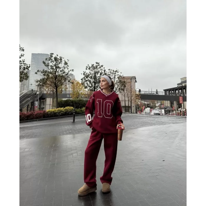 Arnay V Yaka Üç İplik Sweat Takım - Bordo