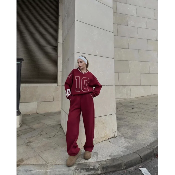 Arnay V Yaka Üç İplik Sweat Takım - Bordo