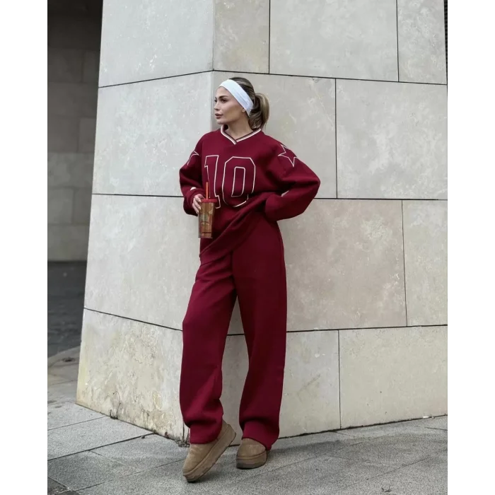 Arnay V Yaka Üç İplik Sweat Takım - Bordo