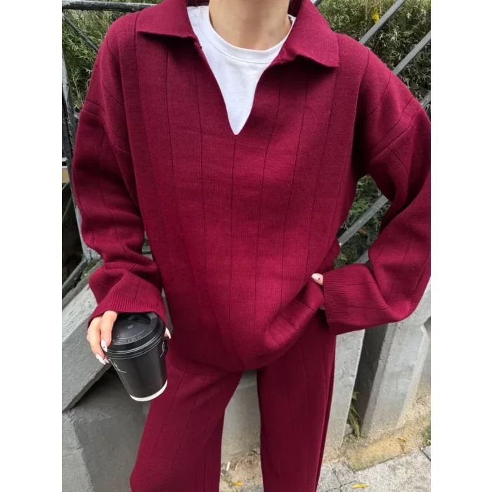 Arnay Yakalı Cizgi Detaylı Triko İkili Takım - Bordo