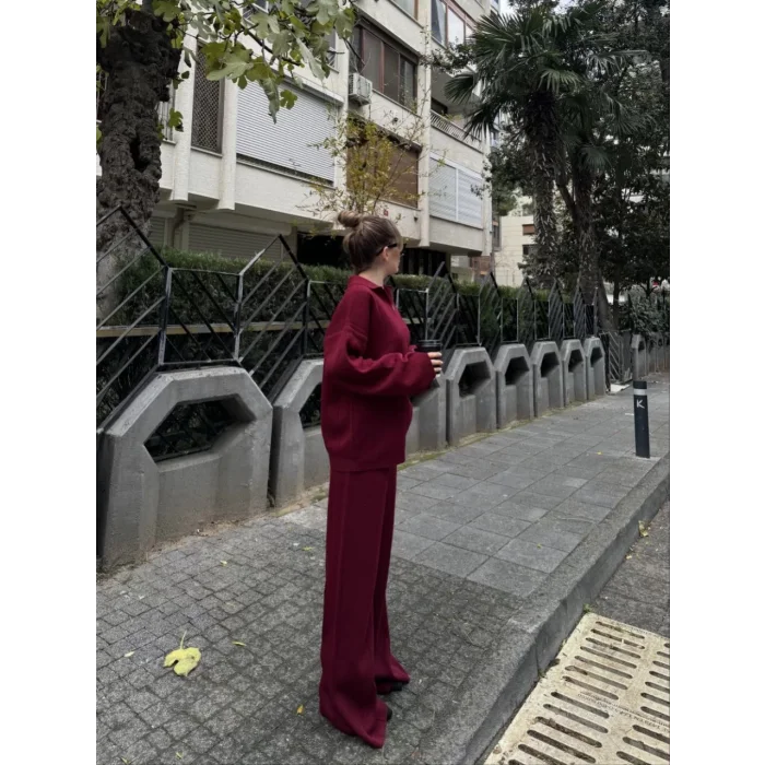 Arnay Yakalı Cizgi Detaylı Triko İkili Takım - Bordo