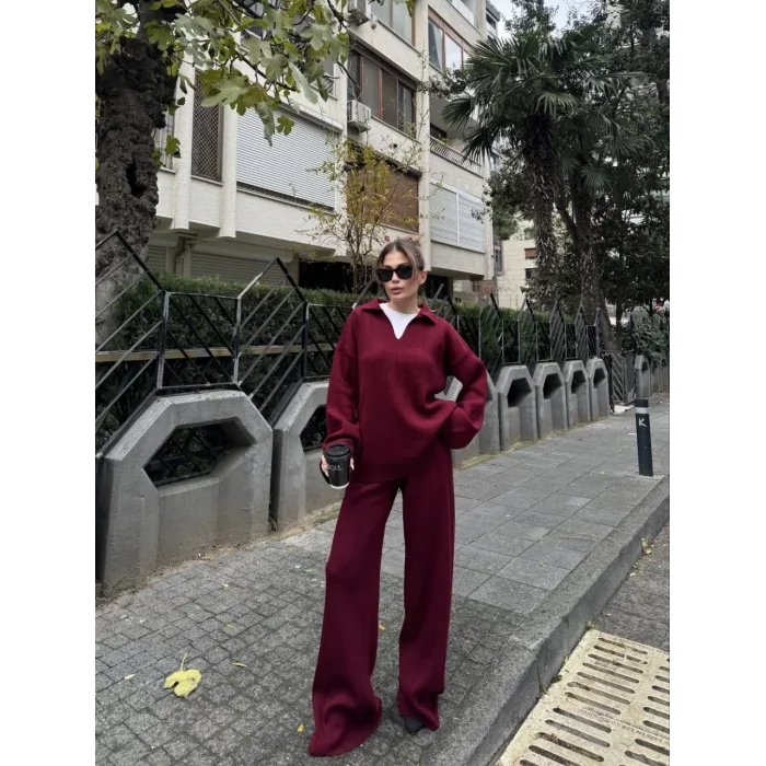 Arnay Yakalı Cizgi Detaylı Triko İkili Takım - Bordo