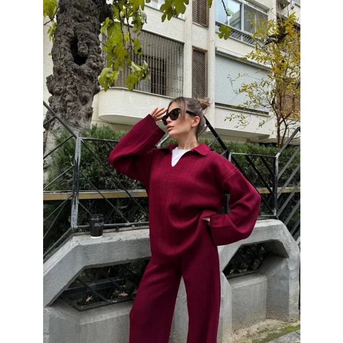 Arnay Yakalı Cizgi Detaylı Triko İkili Takım - Bordo