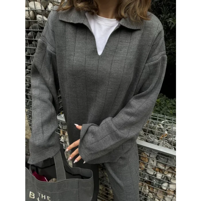 Arnay Yakalı Cizgi Detaylı Triko İkili Takım - Füme