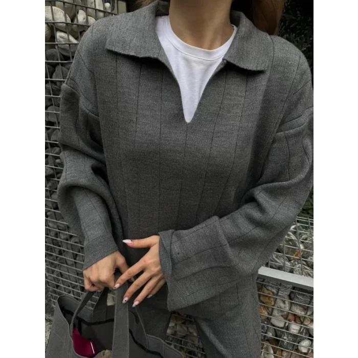 Arnay Yakalı Cizgi Detaylı Triko İkili Takım - Füme