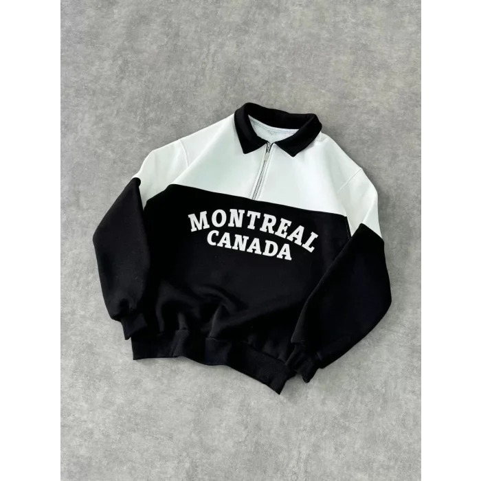 Arnay Yarım Fermuarlı Parçalı Yakalı Sweatshirt - Siyah