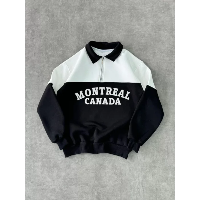 Arnay Yarım Fermuarlı Parçalı Yakalı Sweatshirt - Siyah