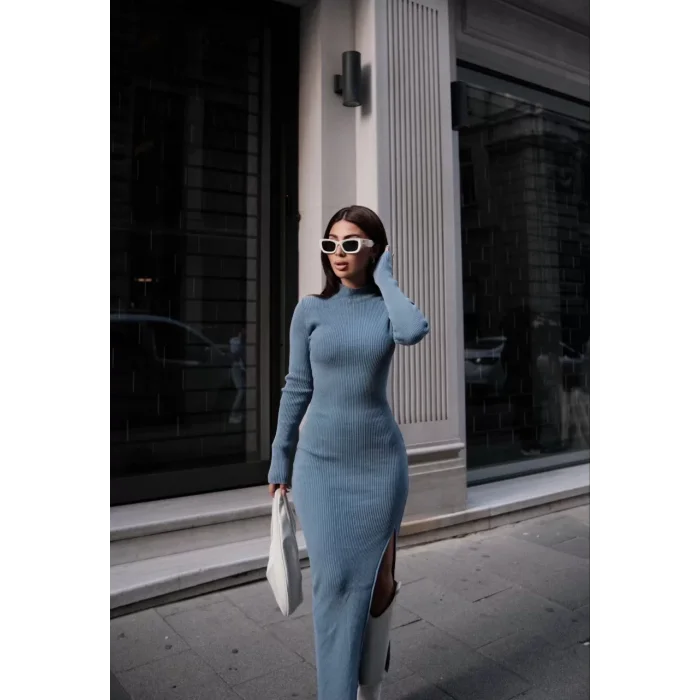 Arnay Yıkamalı Fitilli Maxi Uzun Boy Elbise - İndigo