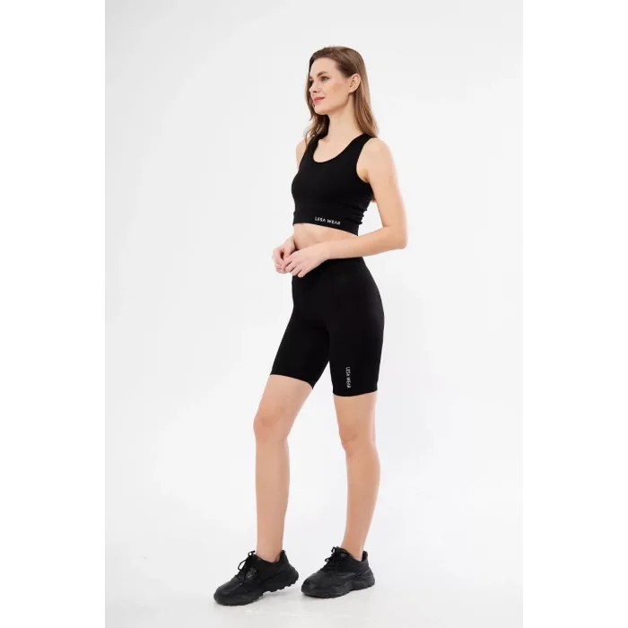 Arnay Yüksek Bel Dalgıç Croplu Biker Şortlu Takım - Siyah