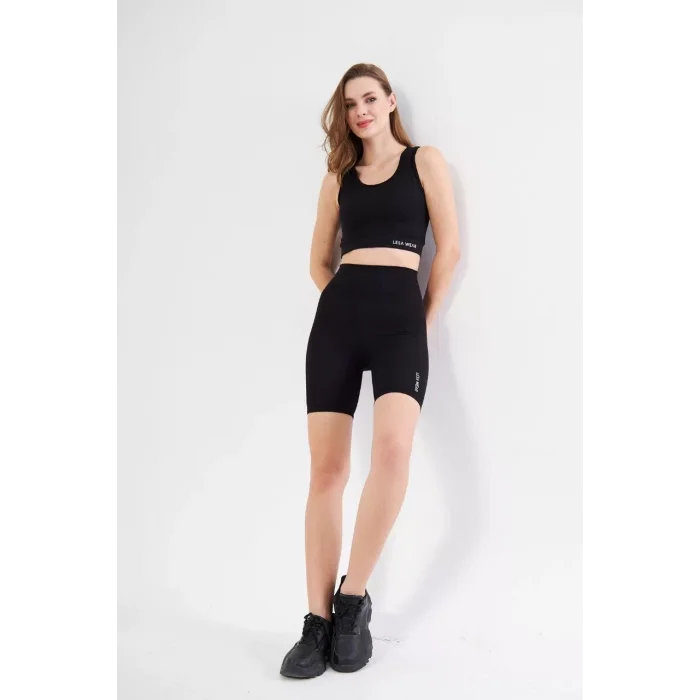Arnay Yüksek Bel Dalgıç Croplu Biker Şortlu Takım - Siyah