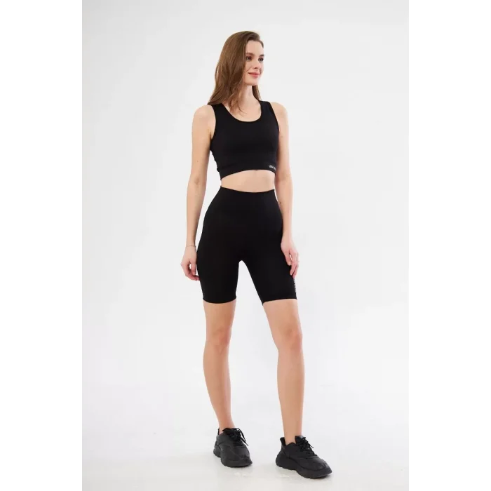 Arnay Yüksek Bel Dalgıç Croplu Biker Şortlu Takım - Siyah