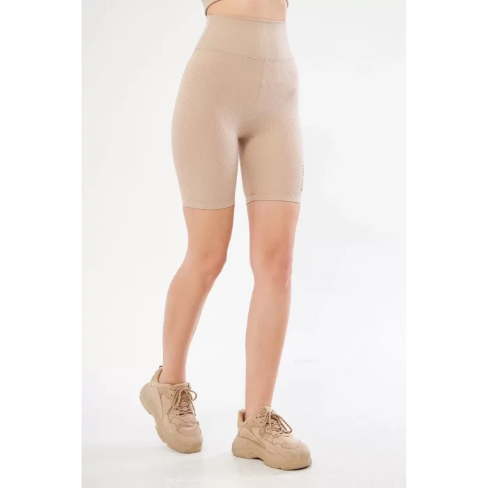 Arnay Yüksek Bel Fitilli Biker Baskılı Şort - Bej